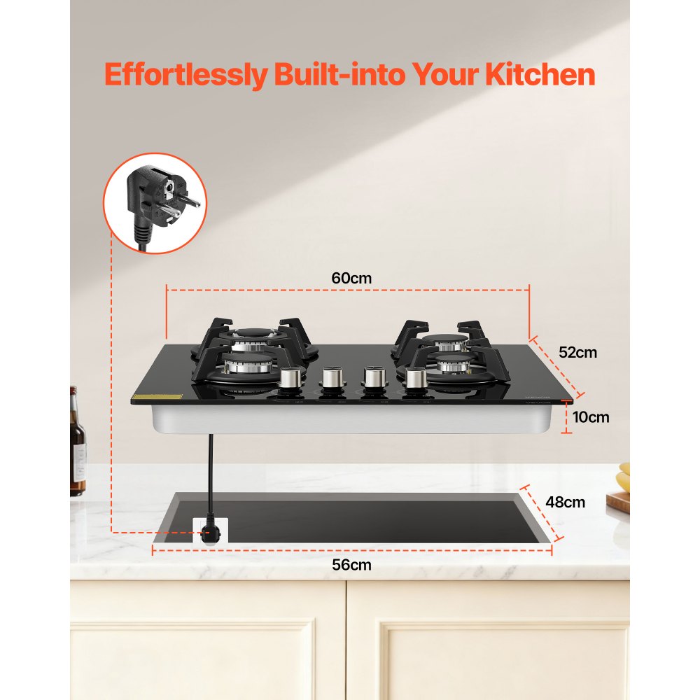 VEVOR Gaskochfeld 60 cm, Einbau-Kochfeld (4 Zonen) aus Gehärtetem Glas, Umrüstbar auf Flüssiggas (LPG) und Erdgas (NG), Kochfeld mit Thermoelement-Überwachung zum Anbraten Schmoren Kochen