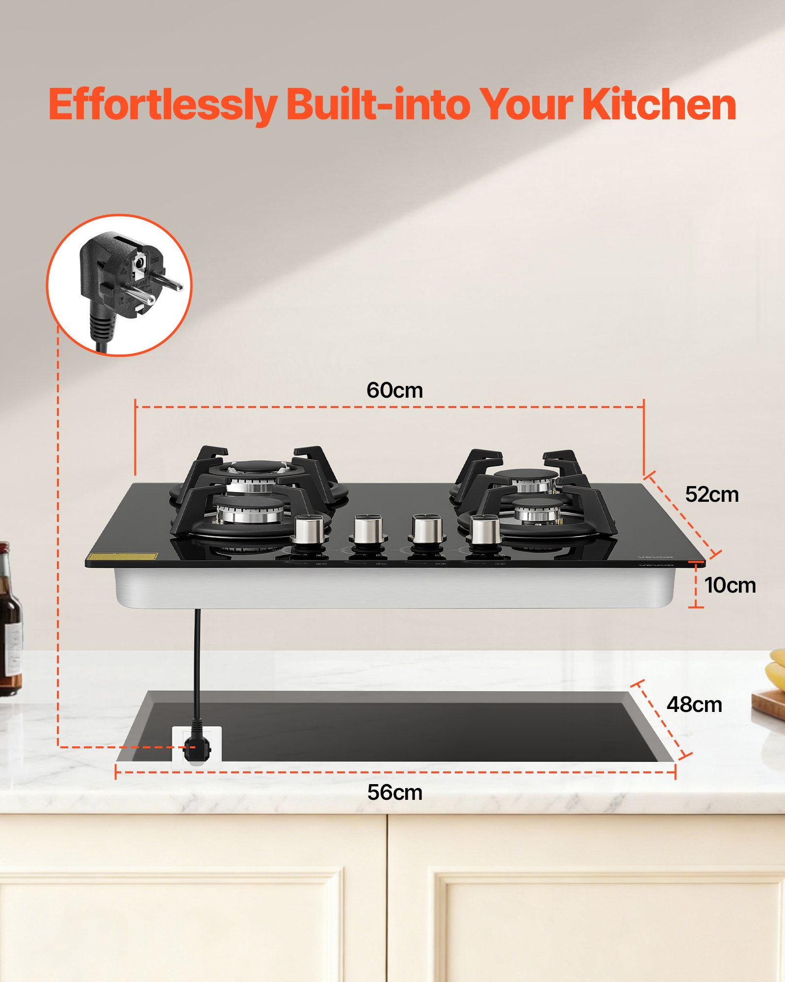 VEVOR Gaskochfeld 60 cm, Einbau-Kochfeld (4 Zonen) aus Gehärtetem Glas, Umrüstbar auf Flüssiggas (LPG) und Erdgas (NG), Kochfeld mit Thermoelement-Überwachung zum Anbraten Schmoren Kochen