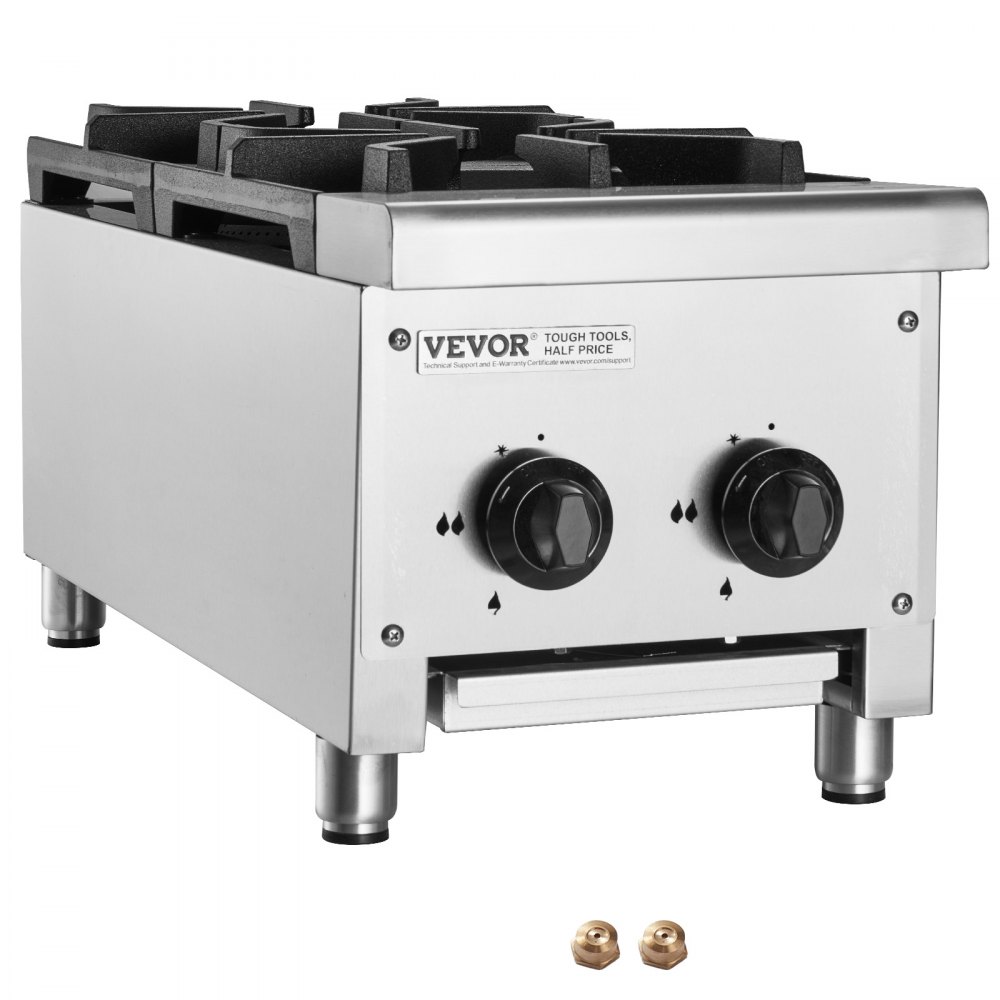 VEVOR Commercial Gas Cooker with 2 Gas Burners, Propane/Natural Gas Cooker, Stainless Steel Gas Hob, Commercial Cooking Appliance 305 x 770 x 335 mm for Restaurants, Hotels, and Cafes, 14 kW