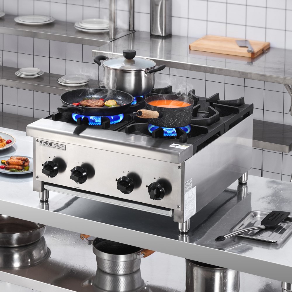 VEVOR Kommerzieller Gasherd Gaskochherd mit 4 Gaskochfelder, Propan / Erdgas-Kochherd Edelstahl-Gaskochplatte, kommerzielles Kochgerät 610 x 775 x 335 mm für Restaurants Hotel Café 28 kW