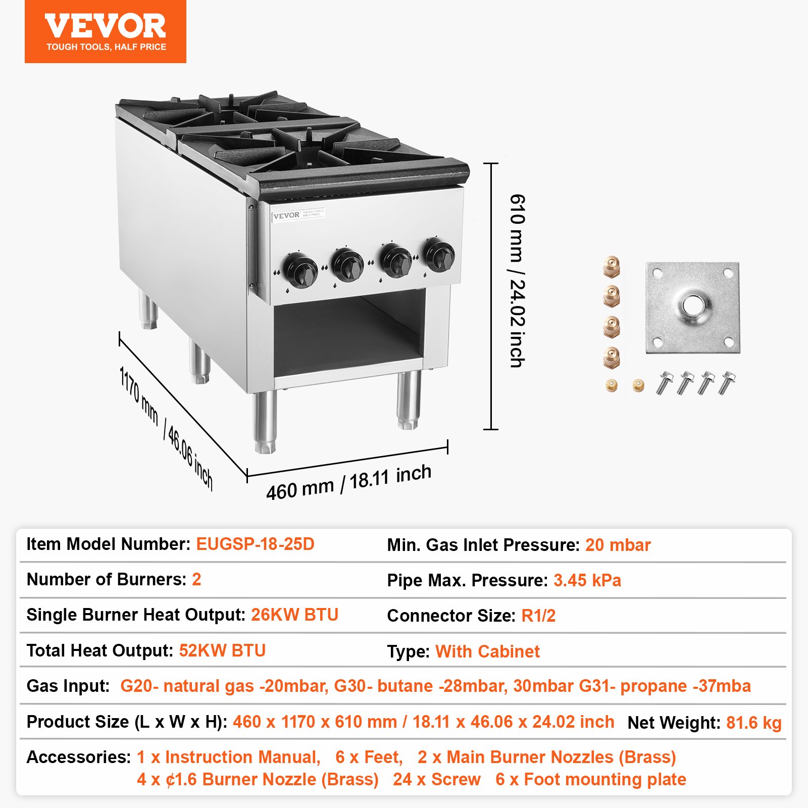 VEVOR Commercial Gas Cooker with Cabinet & 2 Burners, Propane/Natural Gas Cooker, Stainless Steel Gas Hob, Commercial Cooking Appliance 460 x 1170 x 610 mm for Restaurants, Hotels, and Cafes, 52 kW