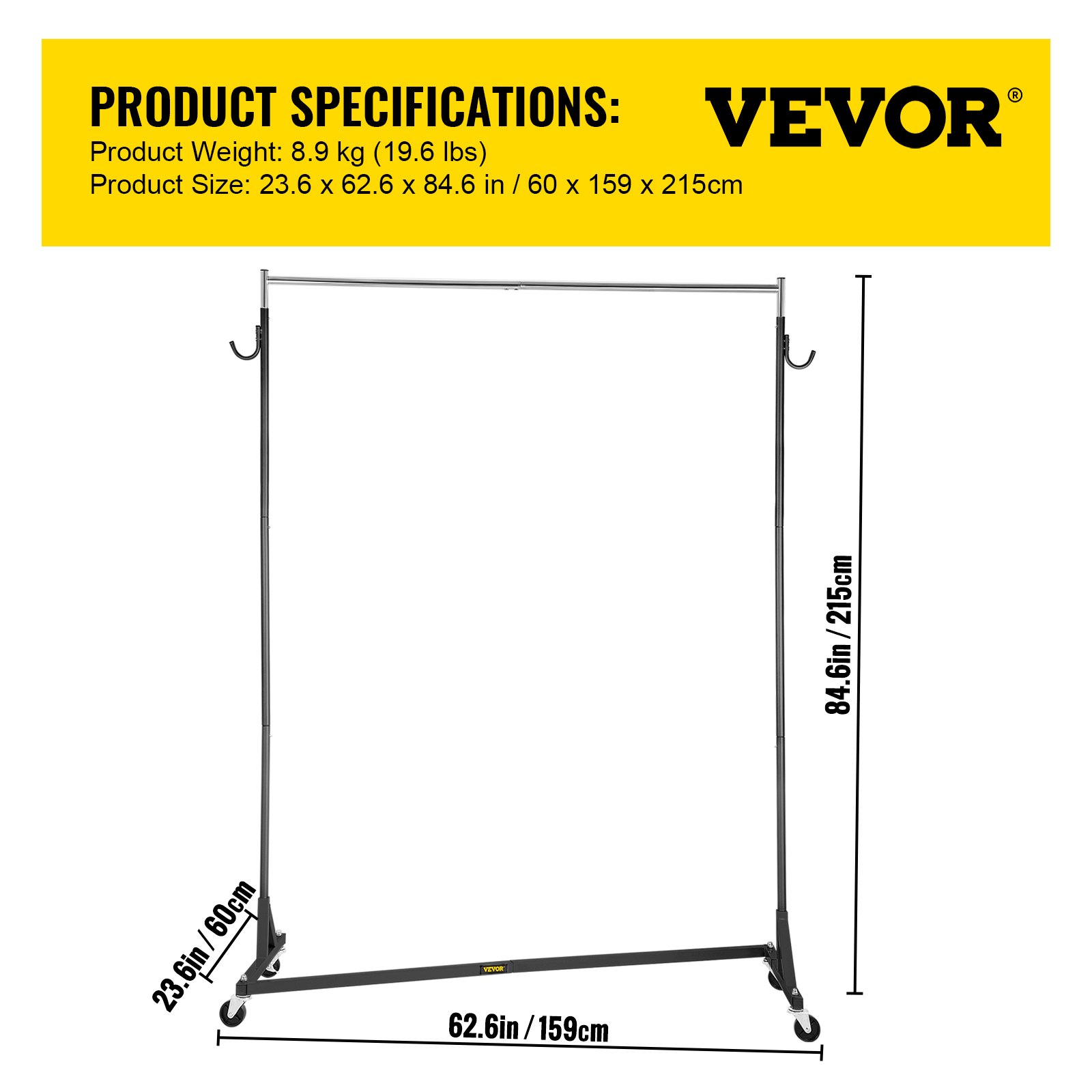 VEVOR Kleiderständer im Rohrstil 60 x 159 x 215 cm, industrielle Kleiderstange schwerlast, kommerzieller Z-förmiger (Schwarz, 1 Stück 1 Schicht)