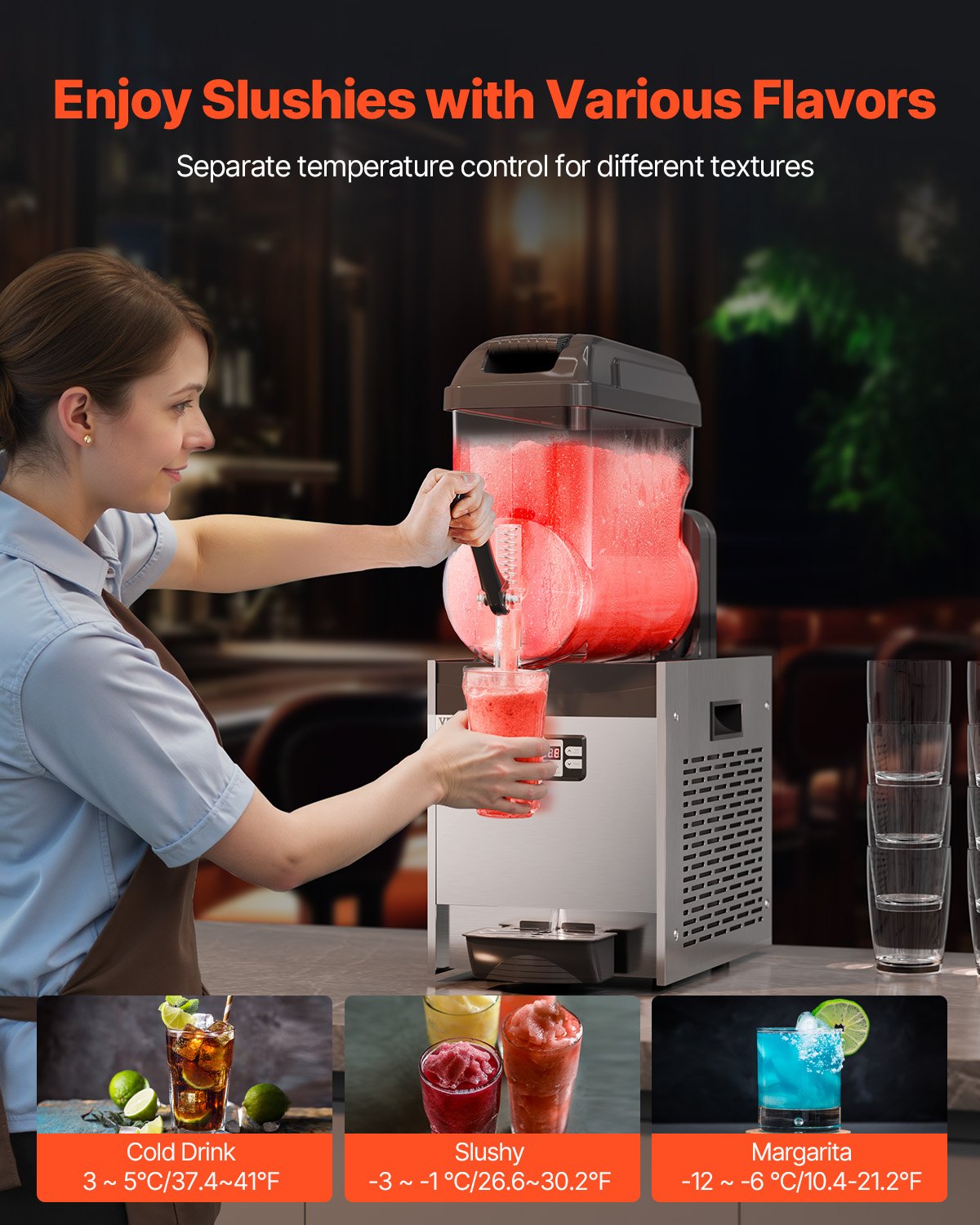 VEVOR kommerzielle Slusheis Maschine 12 L Einzeltank-Maschine für gefrorene Getränke, 48 Tassen Edelstahl Slush-Eis-Maschine mit Tastenfeld Softeis Maker für Partys Restaurants Cafés Bars Schwarz