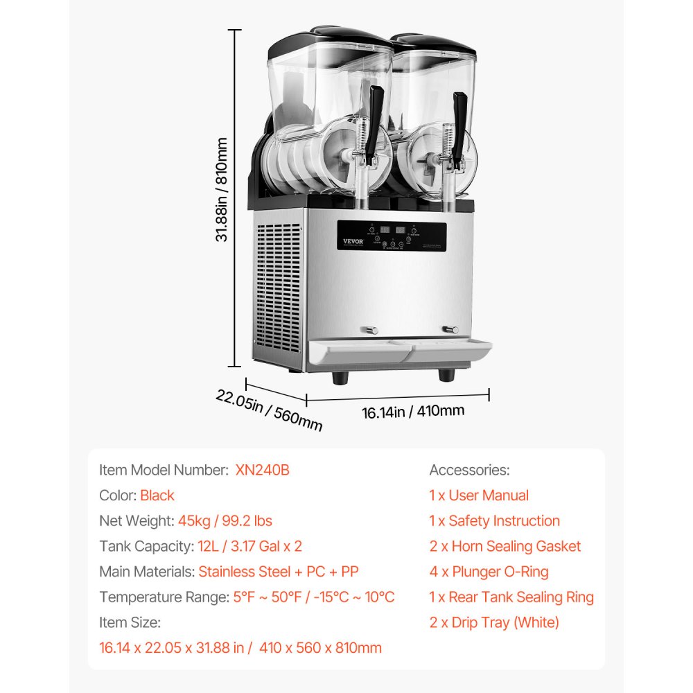 VEVOR Commercial Slushie Machine 12L x 2 Dual Tank Frozen Drink Machine, 96 Cup Stainless Steel Slushie Machine with Keypad Soft Serve Maker for Parties, Restaurants, Cafes, and Bars