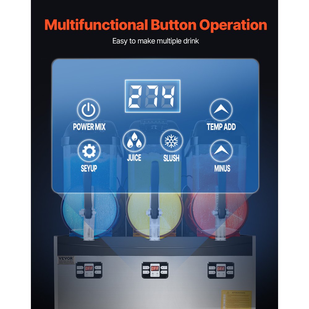 VEVOR kommerzielle Slusheis Maschine 12 L x 3 Dreifachtank-Maschine für gefrorene Getränke, 144 Tassen Edelstahl Slush-Eis-Maschine mit Tastenfeld Softeis Maker für Partys Restaurants Cafés Bars