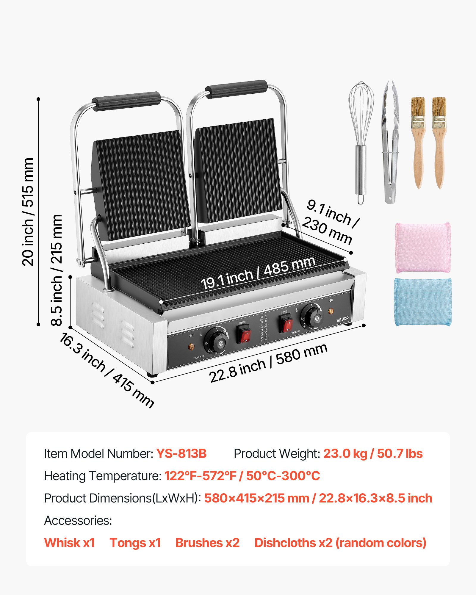 VEVOR kommerzieller Kontaktgrill 3600 W Elektrogrill Sandwichmaker (Doppelbackplatten) Panini Presse aus Edelstahl mit Temperaturregelung, 48 x 23 cm gerillte Emailleplatte für Hamburger Steak Speck