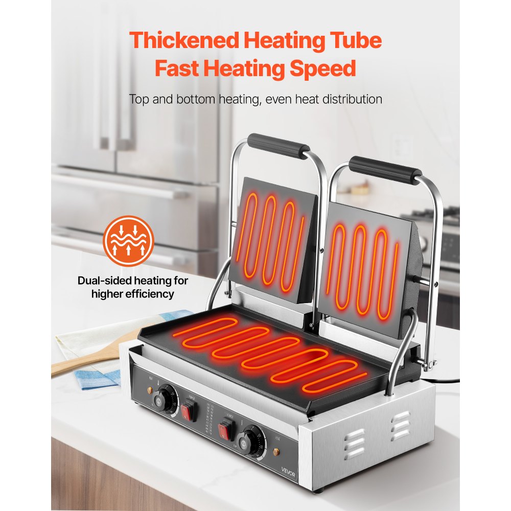 VEVOR kommerzieller Kontaktgrill 3600 W Elektrogrill Sandwichmaker (Doppelbackplatten) Panini Presse aus Edelstahl mit Temperaturregelung, 48 x 23 cm flache Emailleplatte, für Hamburger Steak Speck