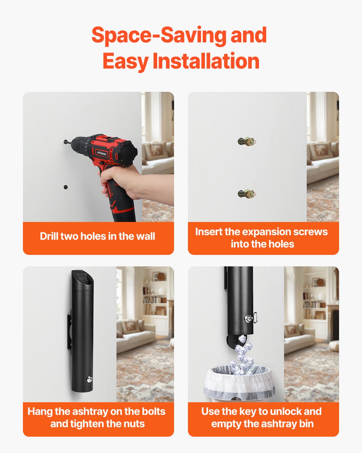 VEVOR Zigaretten Aschenbecher Zigarettenstummelbehälter Wanddmontage Zylinder, Aschenbecher (120 x 89 x 487 mm) aus Edelstahl & Aluminiumlegierung Outdoor Garten Büro Restaurant Hotel Schwarz