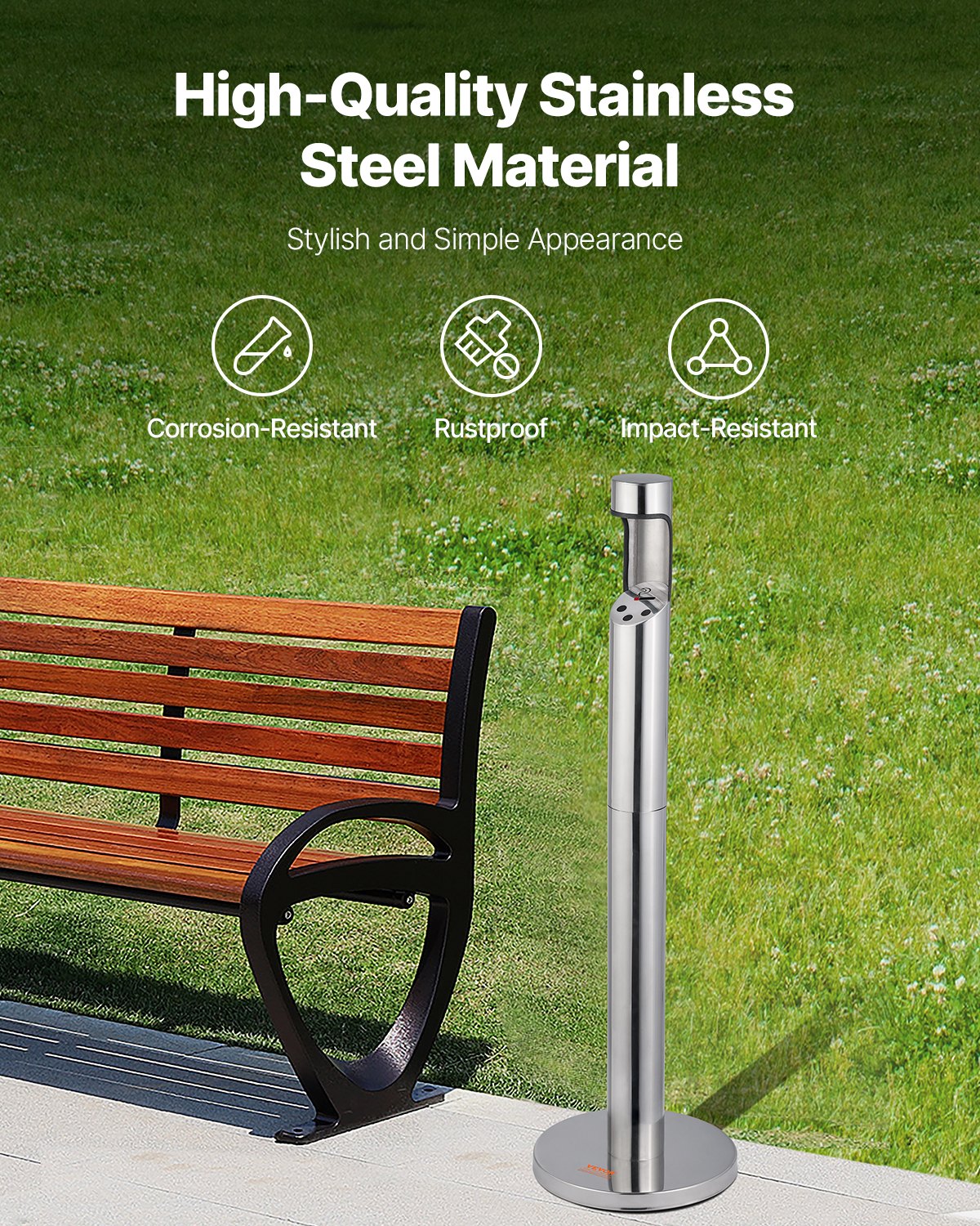 VEVOR Zigaretten Aschenbecher Zigarettenstummelbehälter freistehender Zylinder, Aschenbecher (φ32 x 108 cm) aus Edelstahl & Eisen für Outdoor Garten Büro Restaurant Hotel Silber