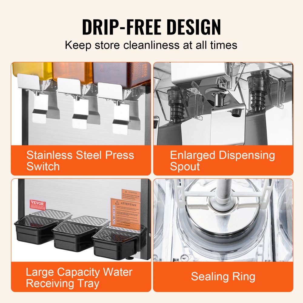 VEVOR kommerzieller Getränkespender mit 3 Tanks, Saftspender 10 L (pro Tank), 440 W Edelstahl Eistee-Getränkeautomat mit 7–12 °C Kühltemperatur, für Kaltgetränke Restaurant Bar Party Buffet Catering