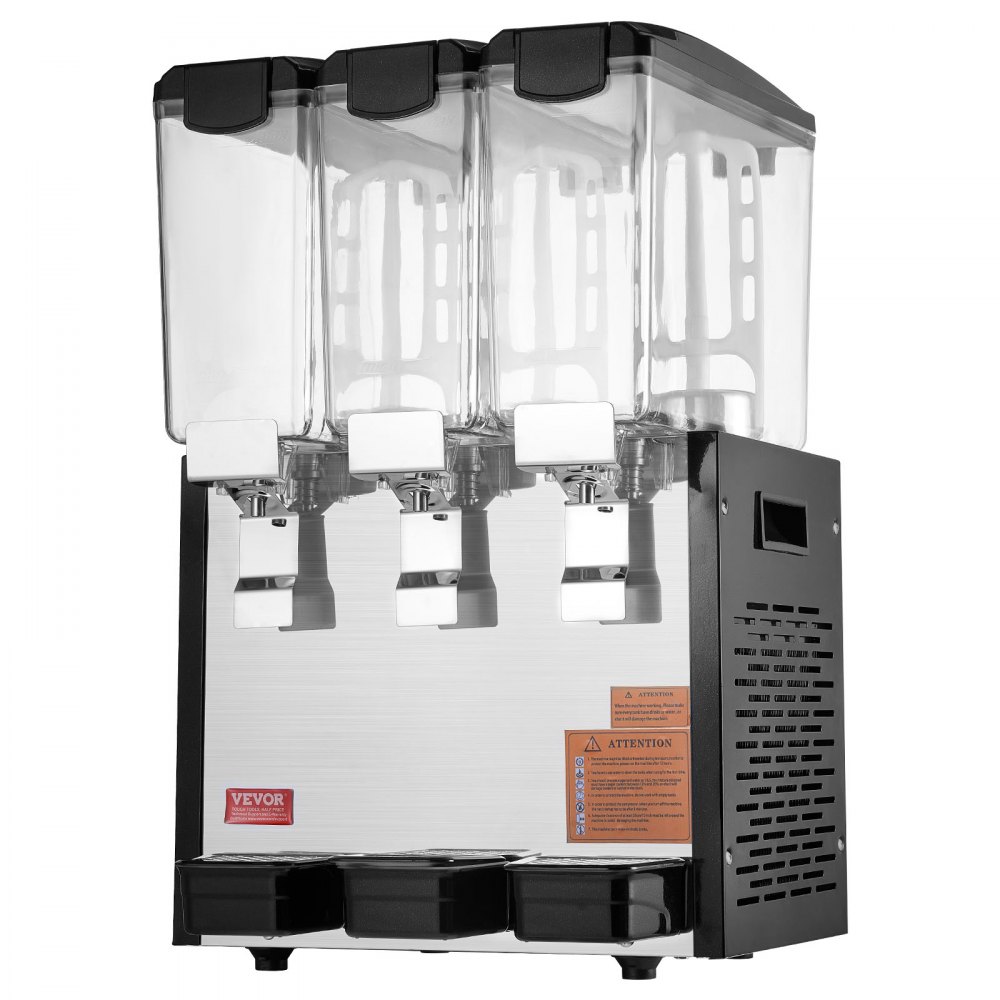 VEVOR kommerzieller Getränkespender mit 3 Tanks, Saftspender 10 L (pro Tank), 440 W Edelstahl Eistee-Getränkeautomat mit 7–12 °C Kühltemperatur, für Kaltgetränke Restaurant Bar Party Buffet Catering