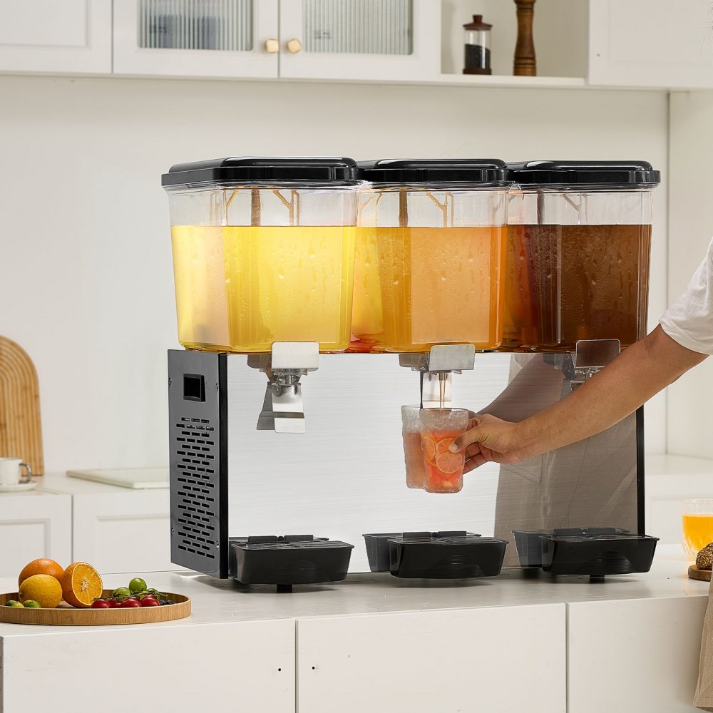 VEVOR kommerzieller Getränkespender mit 3 Tanks, Saftspender 18 L (pro Tank), 512 W Edelstahl Eistee-Getränkeautomat mit 7–12 °C Kühltemperatur, für Kaltgetränke Restaurant Bar Party Buffet Catering