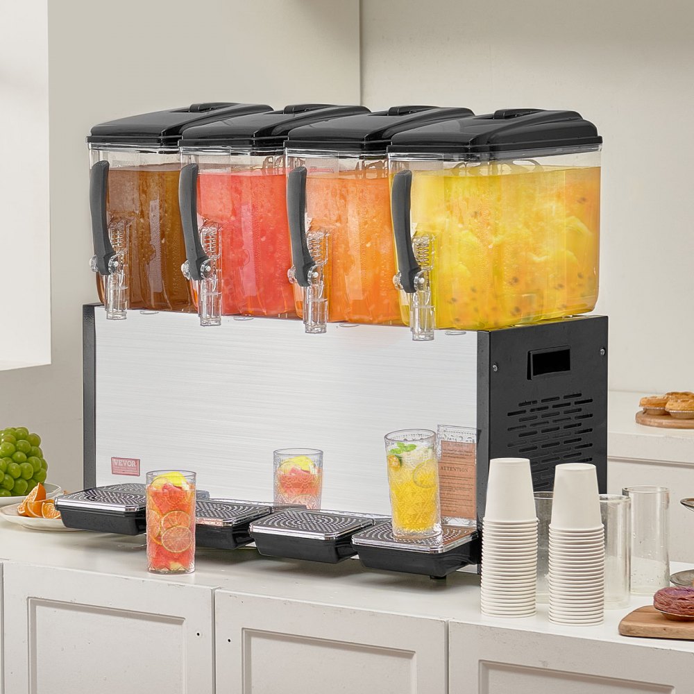 VEVOR kommerzieller Getränkespender mit 4 Tanks, Saftspender 12 L (pro Tank), 510 W Edelstahl Eistee-Getränkeautomat mit 7–12 °C Kühltemperatur, für Kaltgetränke Restaurant Bar Party Buffet Catering