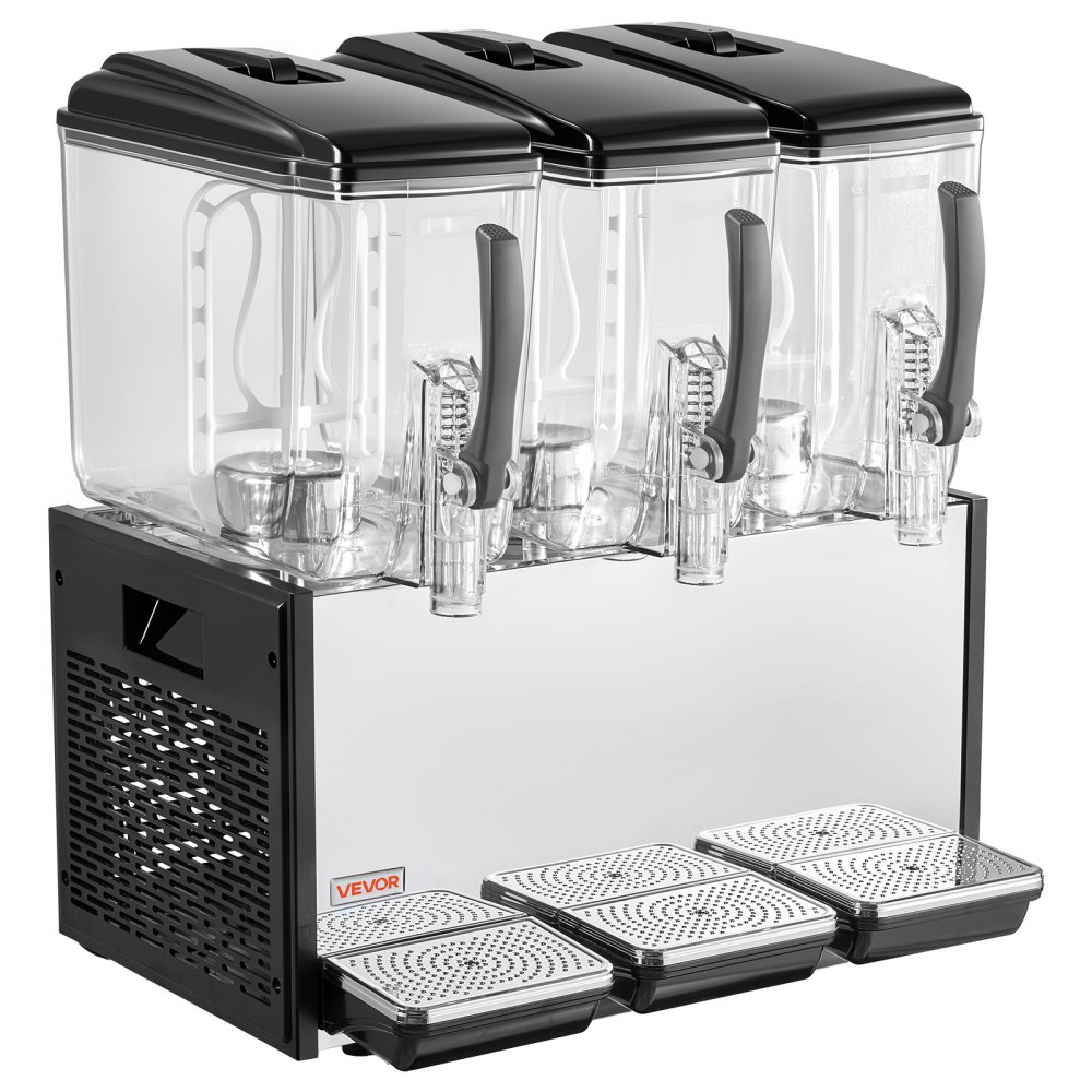 VEVOR Elektrischer Getränkespender 3 x 12 L 7-12 °C Saftspender mit PC-Behälter, für Restaurants, Hotels, Bars und Kioske, mit Rührstab für Gleichmäßige Durchmischung, Druckschalter und Auffangschale