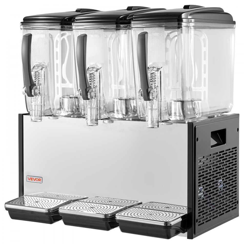 VEVOR Elektrischer Getränkespender 3 x 12 L 7-12 °C Saftspender mit PC-Behälter, für Restaurants, Hotels, Bars und Kioske, mit Rührstab für Gleichmäßige Durchmischung, Druckschalter und Auffangschale