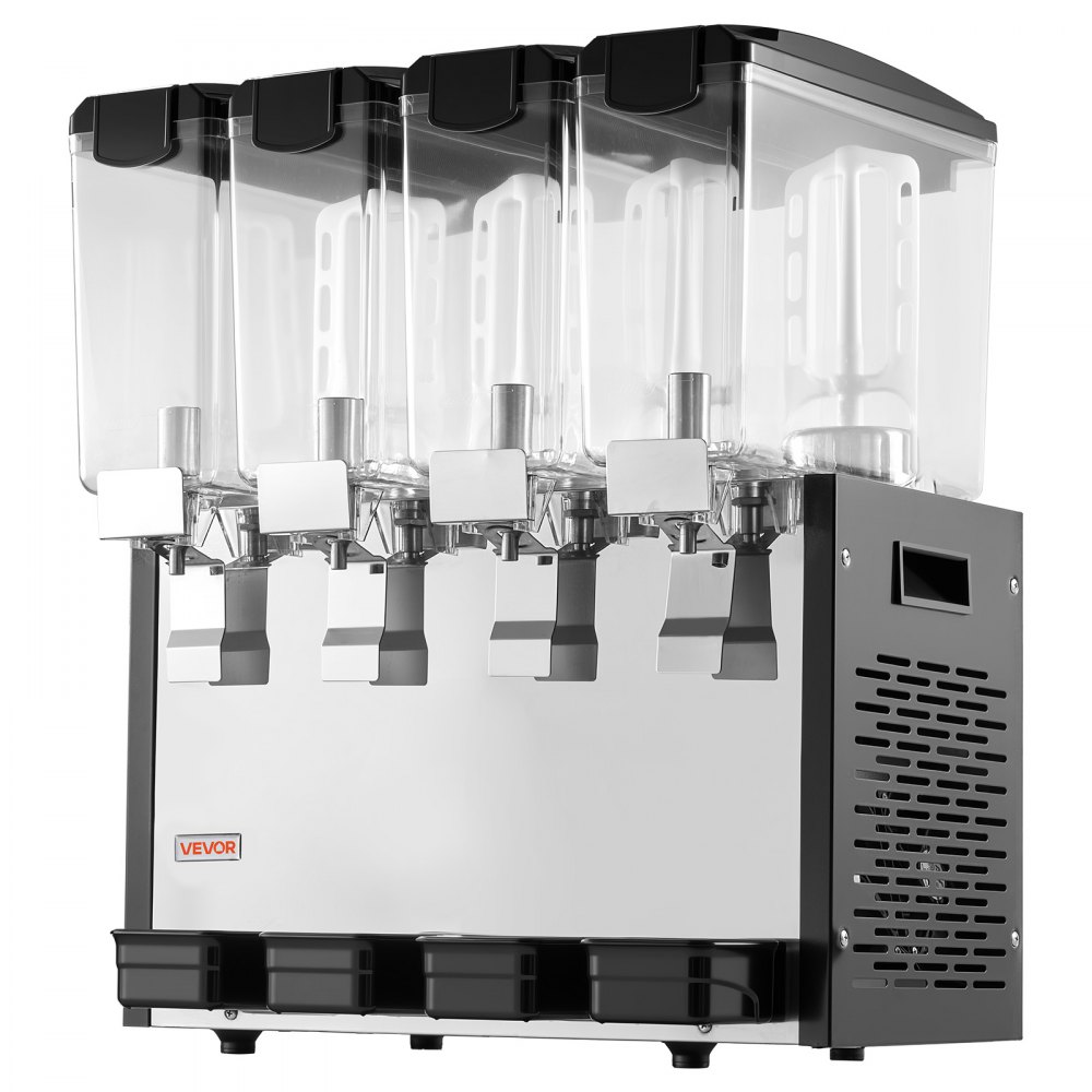 VEVOR Elektrischer Getränkespender 4 x 10 L 7-12 °C Saftspender mit PC-Behälter, für Restaurants, Hotels, Bars und Kioske, mit Rührstab für Gleichmäßige Durchmischung, Druckschalter und Auffangschale