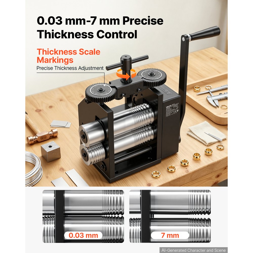 VEVOR Handwalzwerk 60 mm 4-in-1 Schmuckwalzwerk Rund Flach Vierkant Halbrund, Manuelles Schmuckwerkzeug für DIY-Schmuckhersteller, Einstellbare Dicke 0,03–7 mm, für Duktile Metalle Gold Silber Kupfer Alu