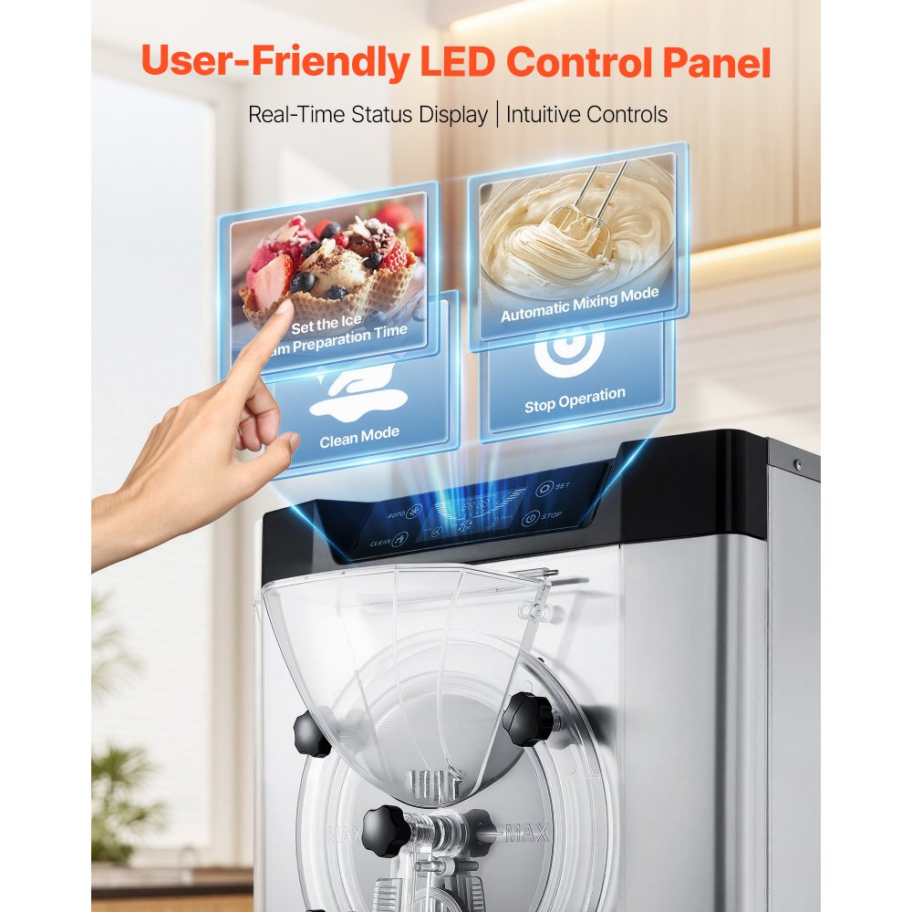 VEVOR Gewerbliche Eismaschine Eiscrememaschine 2000 W 12–20 L/h, Tischgerät für Gelato mit 6 L Edelstahlbehälter (304) & Selbstreinigendes LED-Bedienfeld für Snackbars Restaurants Silber
