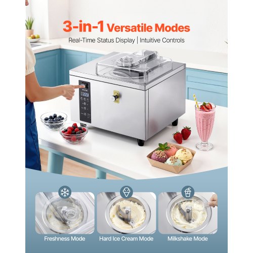 VEVOR Gewerbliche Eismaschine für Gelato 500 W, 5 L/h, Eiscrememaschine mit 2,8 L Edelstahlzylinder (304) & Selbstreinigendem LED-Bedienfeld & Hoher Produktivität für Snackbars Restaurants