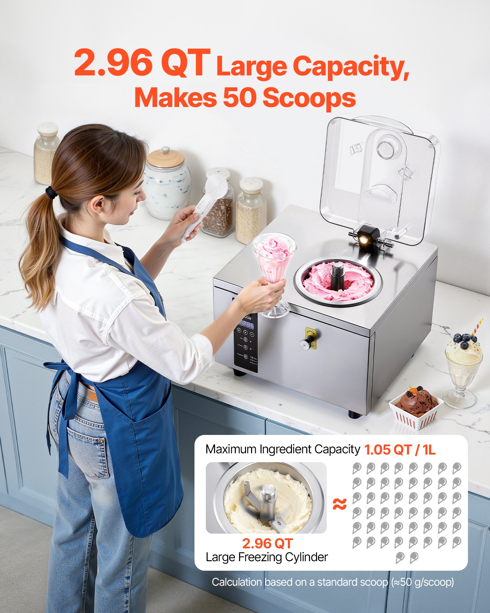 VEVOR Gewerbliche Eismaschine für Gelato 500 W, 5 L/h, Eiscrememaschine mit 2,8 L Edelstahlzylinder (304) & Selbstreinigendem LED-Bedienfeld & Hoher Produktivität für Snackbars Restaurants