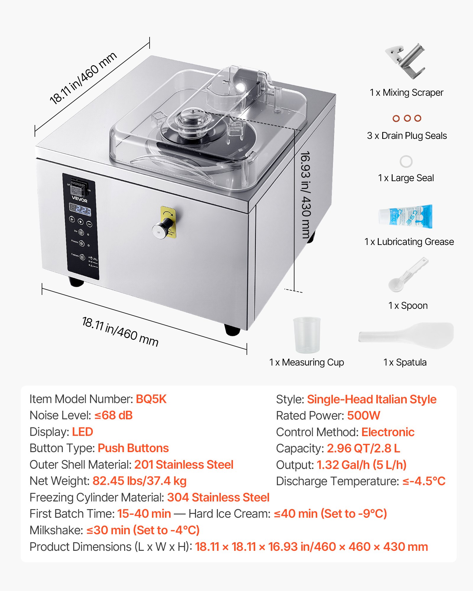 VEVOR Gewerbliche Eismaschine für Gelato 500 W, 5 L/h, Eiscrememaschine mit 2,8 L Edelstahlzylinder (304) & Selbstreinigendem LED-Bedienfeld & Hoher Produktivität für Snackbars Restaurants