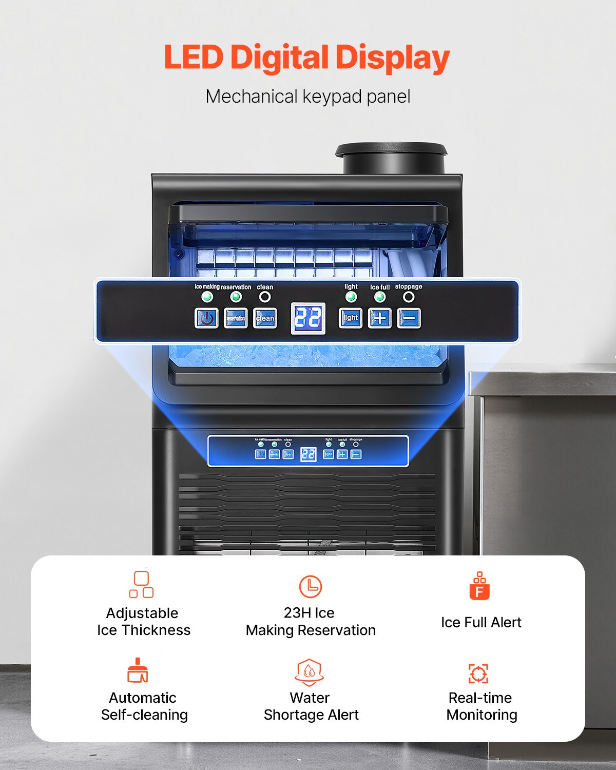 VEVOR kommerzielle Eismaschine (40,82 kg/Tag) Eisbereiter mit 5,44 kg Speicherkapazität, 36 Eiswürfel in 15 Minuten, mit LED-Digitalanzeige & 2 Möglichkeiten zur Wasserzugabe, für Bar Büro Restaurant