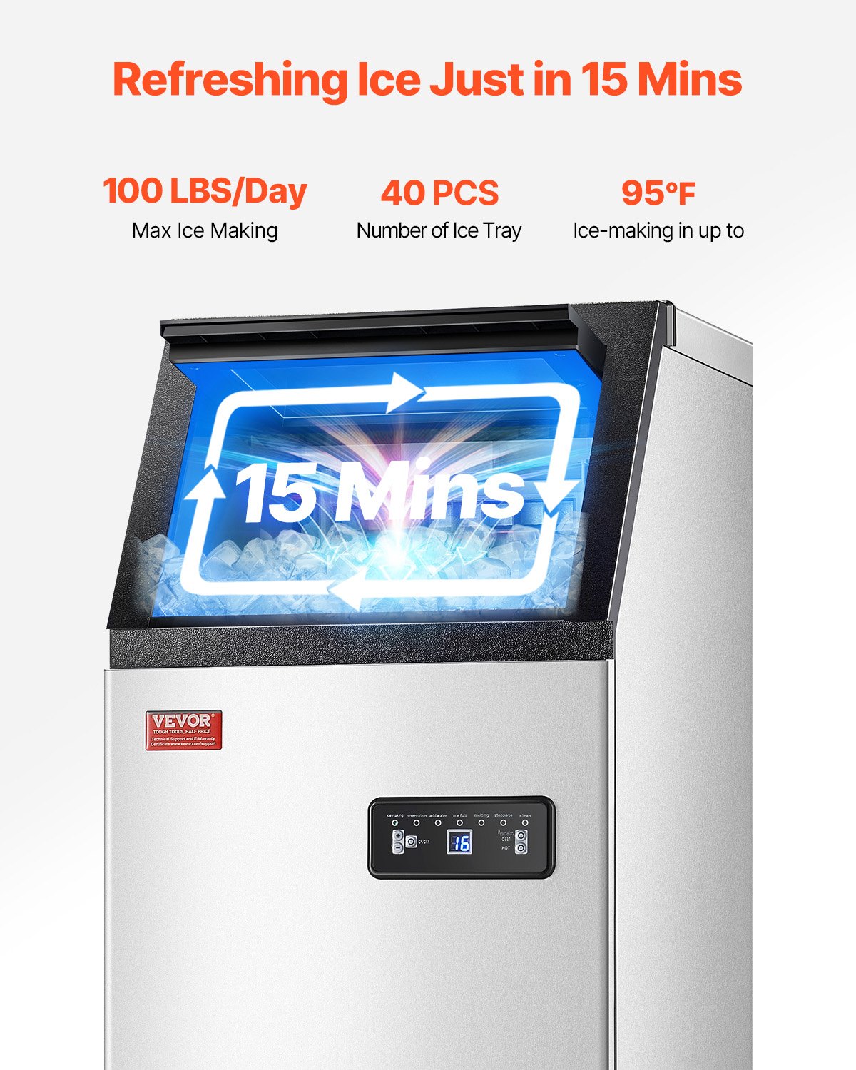 VEVOR commercial ice machine (45.36 kg/day) commercial ice maker with 12.7 kg storage capacity, 36 ice cubes in 15 minutes, LED digital display, freestanding, self-cleaning, for bar and restaurant