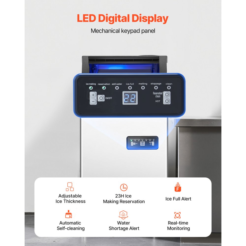 VEVOR kommerzielle Eismaschine (54,43 kg/Tag) Eisbereiter mit 12,7 kg Speicherkapazität, 36 Eiswürfel in 15 Minuten, mit LED-Digitalanzeige & 2 Möglichkeiten zur Wasserzugabe, für Bar Büro Restaurant