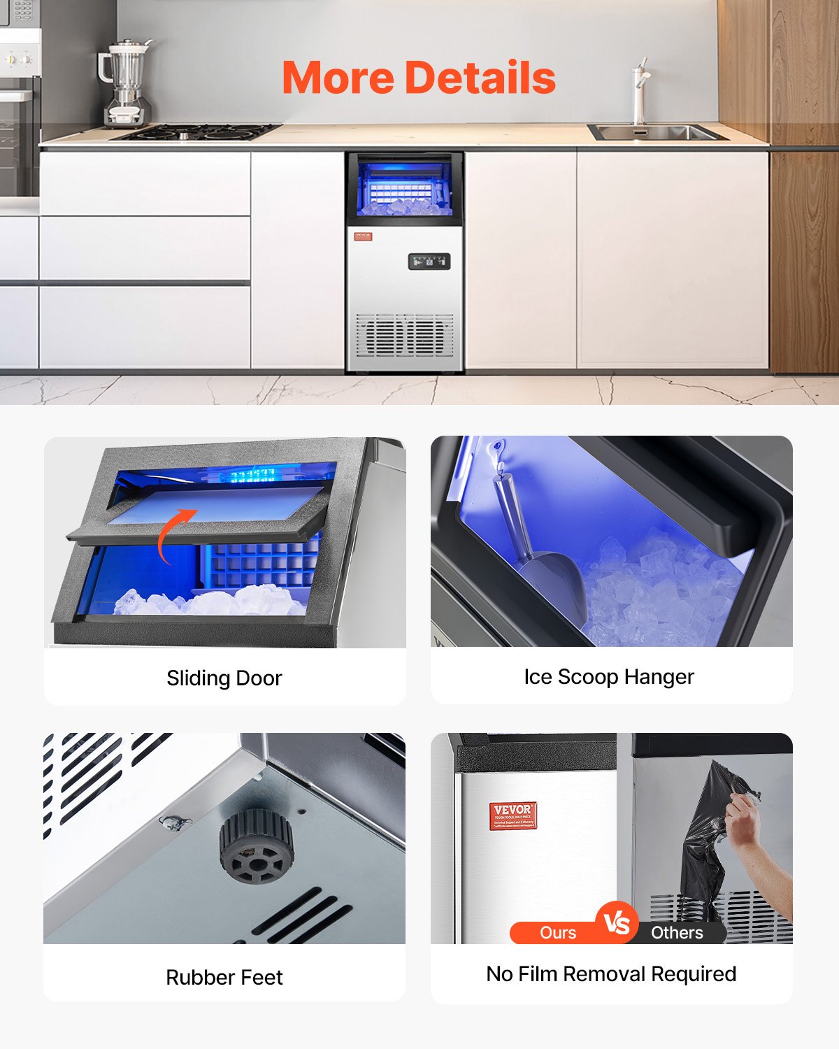 VEVOR kommerzielle Eismaschine (54,43 kg/Tag) Eisbereiter mit 12,7 kg Speicherkapazität, 36 Eiswürfel in 15 Minuten, mit LED-Digitalanzeige & 2 Möglichkeiten zur Wasserzugabe, für Bar Büro Restaurant