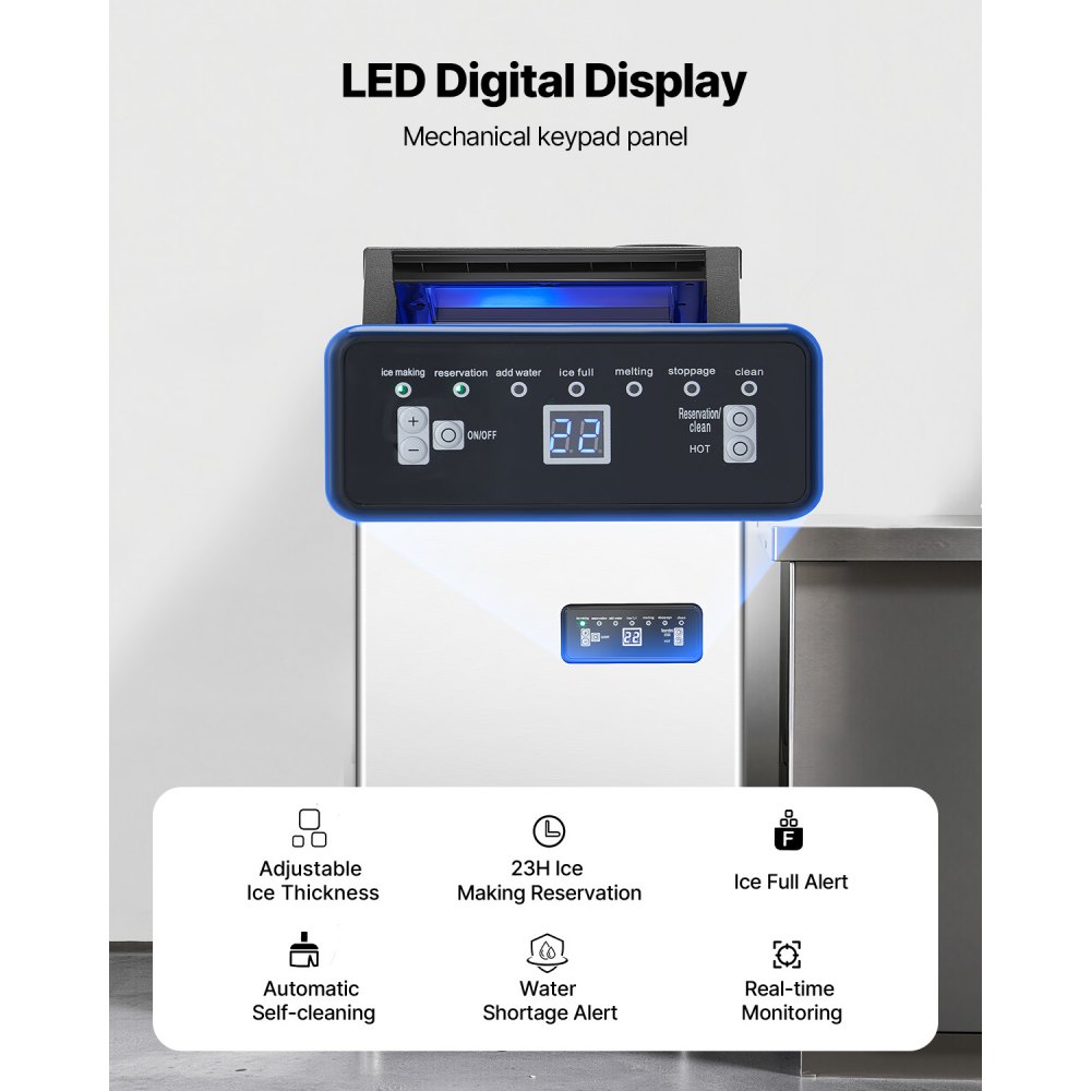 VEVOR kommerzielle Eismaschine (49,9 kg/Tag) Eisbereiter mit 12,7 kg Speicherkapazität, 36 Eiswürfel in 15 Minuten, mit LED-Digitalanzeige & 2 Möglichkeiten zur Wasserzugabe, für Bar Büro Restaurant