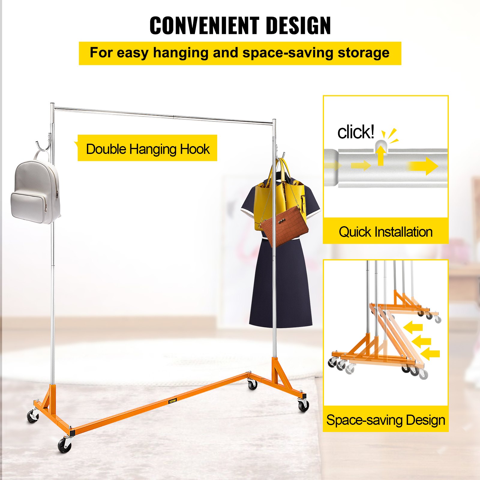 VEVOR Kleiderständer 136 kg Traglast, Industrieständer 60 x 159 x 180 cm, industrielle Kleiderstange, Kleiderwagen Schwerlast, kommerzieller Z-förmiger Wäscheständer Orange (1 Stück 1 Schicht)