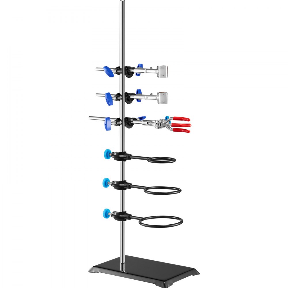 VEVOR Laboratory Stand Support, Laboratory Retort Support Stand 1 Set, Steel Laboratory Stand with 60 cm Rod & 210.82 x 135 mm Cast Iron Base, incl. Piston Clamps, Burette Clamps and Cross Clamps