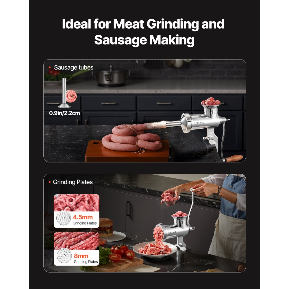 VEVOR Manuelle Fleischmühle, alle Teile Edelstahl, handbetriebene Fleischmahlmaschine mit Tischklemme, 2 Schleifplatten & Wurstfüller, ideal für Zuhause Küche Restaurant Metzgergeschäft
