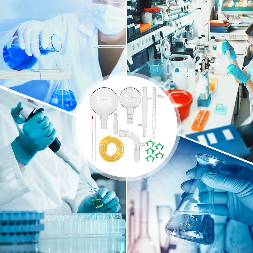 VEVOR 1000 ml Destillationsgerät Labor, Wasser Destilliergerät Borosilikatglas 3.3 Standard 24/40 Gelenke Hohe Dichtleistung ätherische Öle Wasser-Destilliergerät Luftreiniger Glaswaren 13-teilig