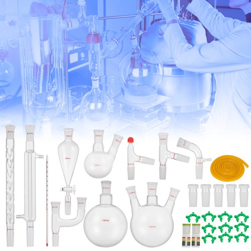 Labor Destillationsset, 3,3 Boro Laborglas Destillationsset mit 24  und 40 Verbindungen, 1000 ml Destillationsgeräte Set für Ätherische Öle, 32 teiliges Set mit Glaswaren | DE