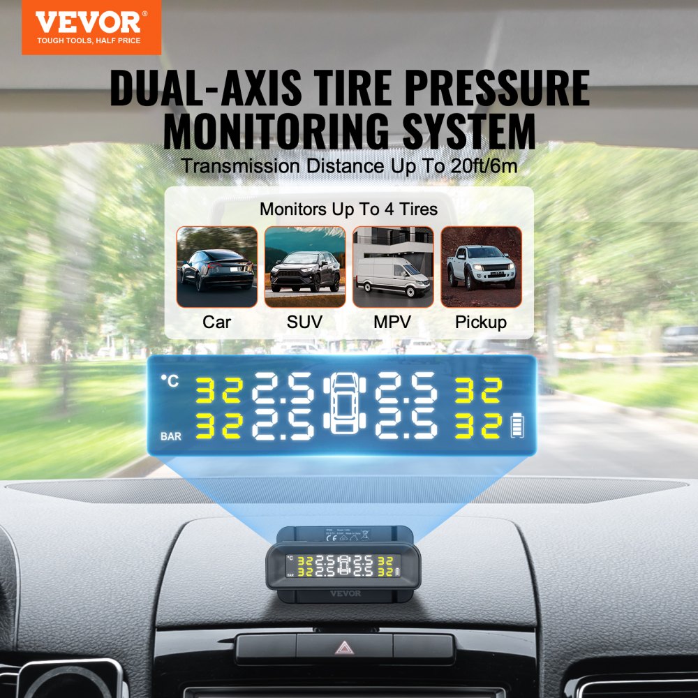 VEVOR Reifendrucküberwachungssystem für Wohnmobile, 7,3–87 psi Anhänger-TPMS, universelles kabelloses Autoalarmsystem, wasserdichtes TPMS-Sensorset mit Solarladung 4 Sensoren 5 Alarmmodi