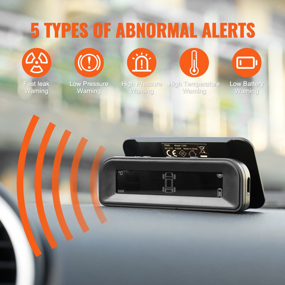 VEVOR Reifendrucküberwachungssystem für Wohnmobile, 7,3–87 psi Anhänger-TPMS, universelles kabelloses Autoalarmsystem, wasserdichtes TPMS-Sensorset mit Solarladung 4 Sensoren 5 Alarmmodi