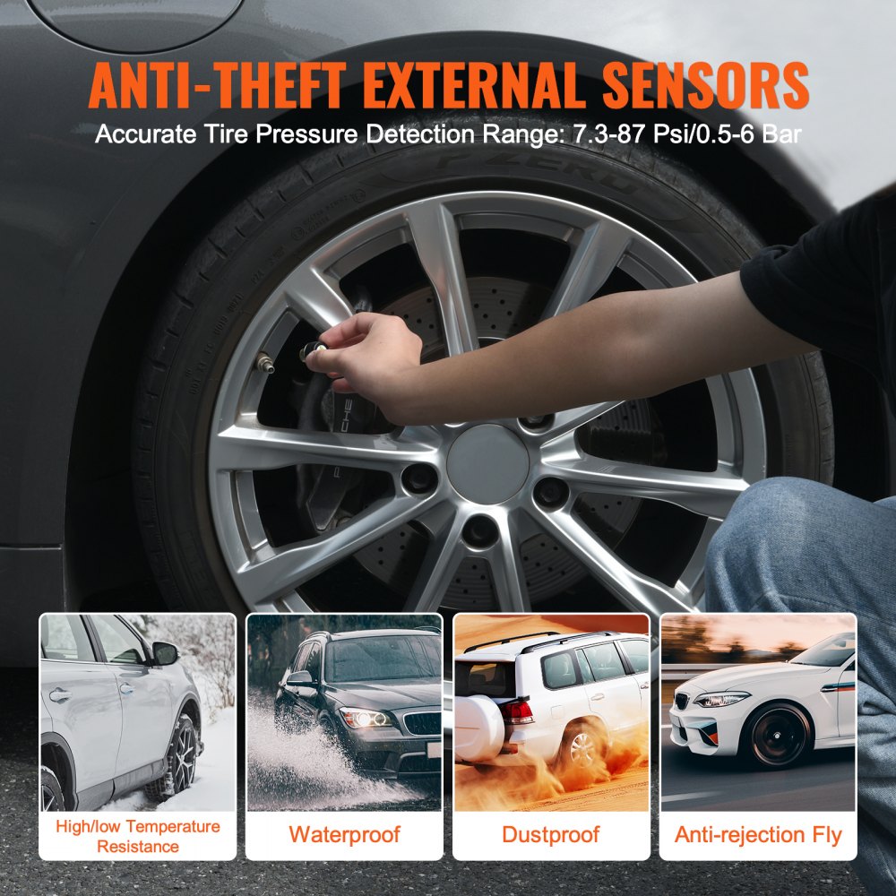 VEVOR Reifendrucküberwachungssystem für Wohnmobile, 7,3–87 psi Anhänger-TPMS, universelles kabelloses Autoalarmsystem, wasserdichtes TPMS-Sensorset mit Solarladung 4 Sensoren 5 Alarmmodi