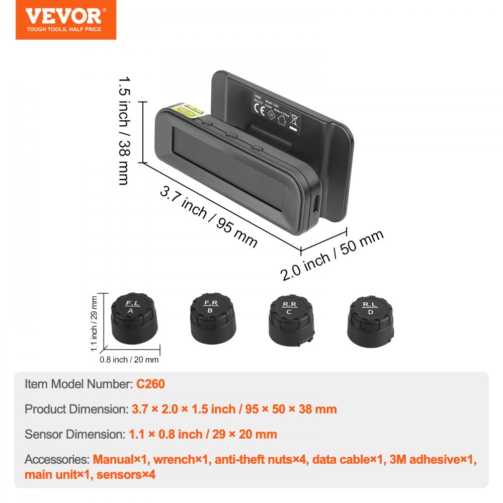 VEVOR Reifendrucküberwachungssystem für Wohnmobile, 7,3–87 psi Anhänger-TPMS, universelles kabelloses Autoalarmsystem, wasserdichtes TPMS-Sensorset mit Solarladung 4 Sensoren 5 Alarmmodi