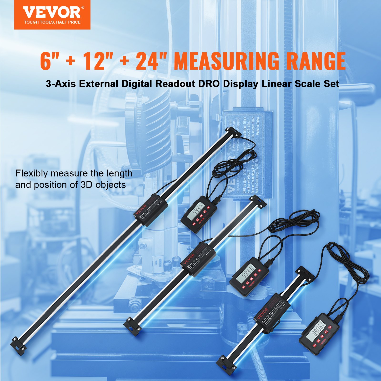 VEVOR digital display, 152.4, 304.8, 609.6 mm, 3-axis linear scale DRO display set with L-shaped supports, Z-shaped supports, thickened plates, knob screw