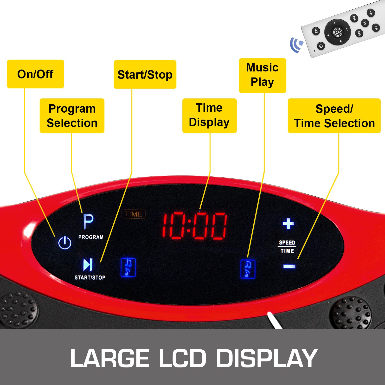 VEVOR Fitness Vibrationsplatte mit LCD Fitness Matte 3 Ebenen Massage Remote Bluetooth USB Musik Fitness-Maschine für Zuhause und Büro mit Nützliches Zubehör Intelligente Uhr (rot)