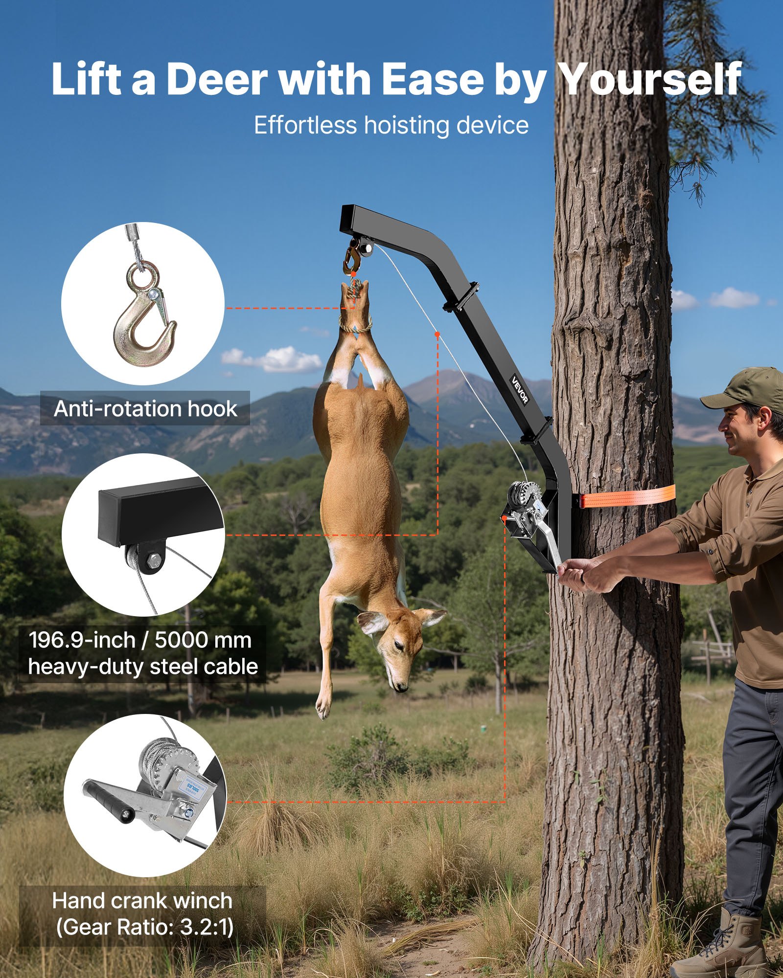 VEVOR Game Hoist zur Baummontage, Tragkraft 160 kg, Wildhebezeug mit Ratschengurt, Hochleistungs-Hirschaufhänger zum Häuten, Säubern, Aufhängen von Wildtieren, 1200 x 310 x 130 mm, Schwarz