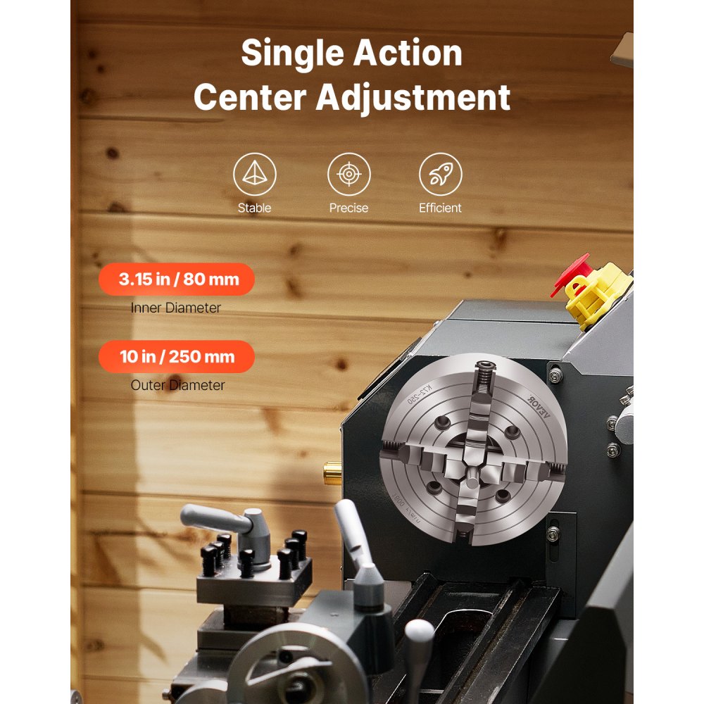 VEVOR 4-jaw lathe chuck, 250 mm, collet chuck, 15-250 mm clamping range with T-key mounting screws, reversible jaws, HT300 material, for wood/metal lathe