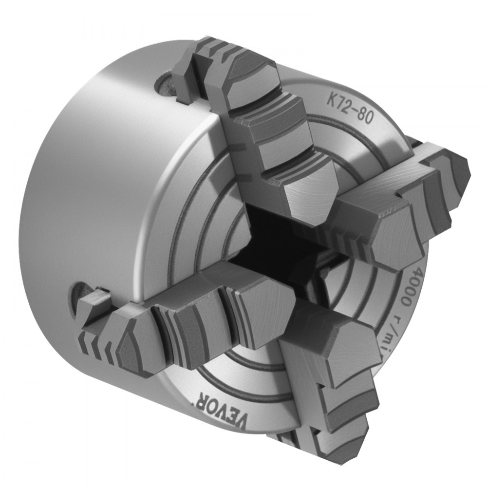 VEVOR 4-jaw lathe chuck, 80 mm, collet chuck, 5-80 mm clamping range with T-key mounting screws, reversible jaws, HT300 material, for wood/metal lathe