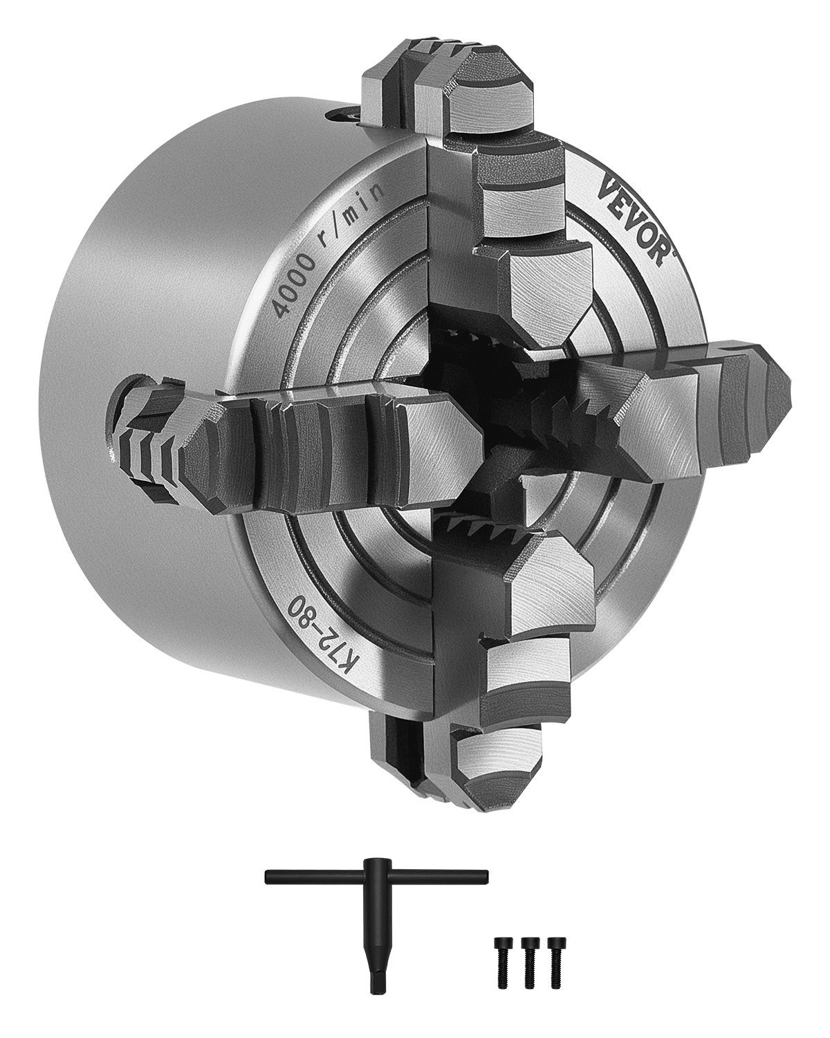 VEVOR 4-Backen-Drehfutter, 80 mm, Spannfutter, 5-80 mm Spannbereich mit T-Schlüssel-Befestigungsschrauben, umkehrbare Backen, HT300-Material, für Holz-Metall-Drehmaschine
