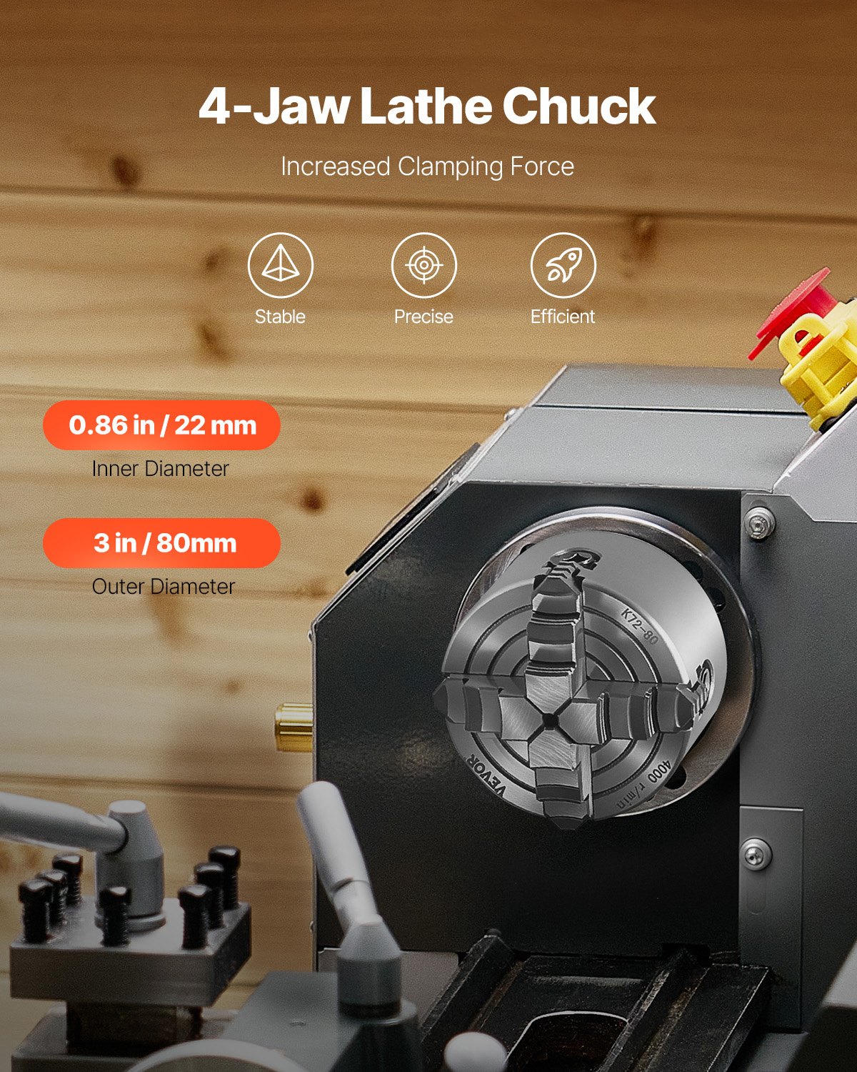 VEVOR 4-jaw lathe chuck, 80 mm, collet chuck, 5-80 mm clamping range with T-key mounting screws, reversible jaws, HT300 material, for wood/metal lathe