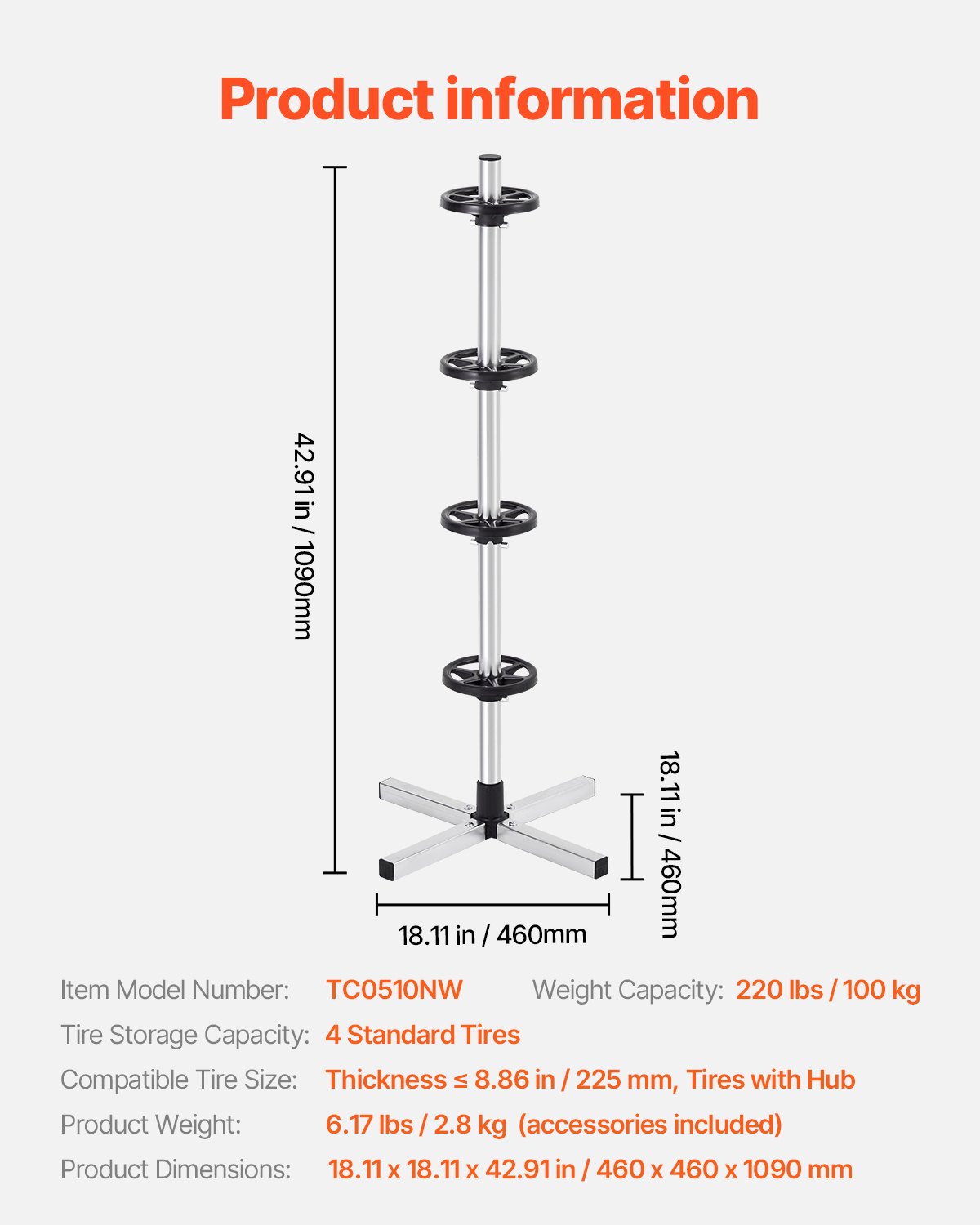 VEVOR Tire Storage Rack, Steel Tire Stand for 4 Tires with Rims, Space-Saving Tire Holder for Tires up to 225 mm Wide, Maximum Load Capacity 100 kg, Ideal for Garages