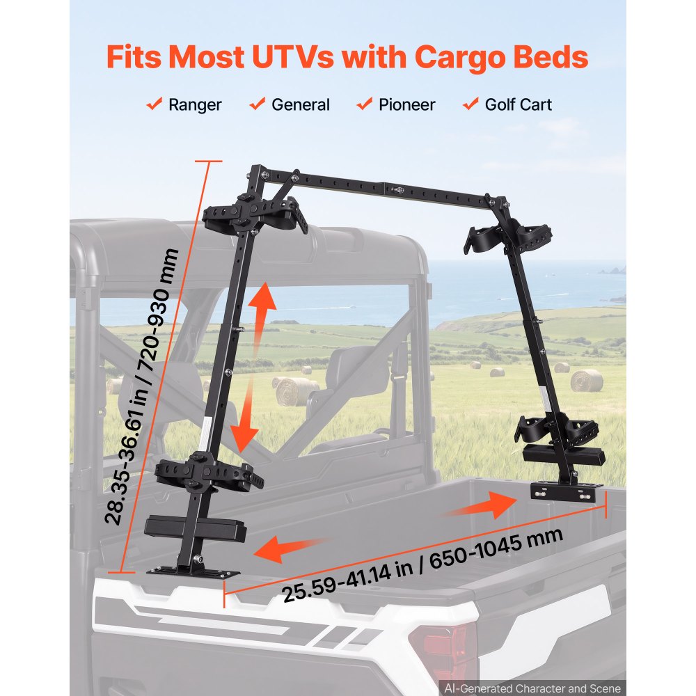 VEVOR UTV Hunting Tool Rack for Cargo Bed Alloy Steel Hunting Tool Holder, Compatible with Polaris Ranger General Pioneer Golf Cart, 650-1045 mm Adjustable Length 720-930 mm Height, with Rubber Straps