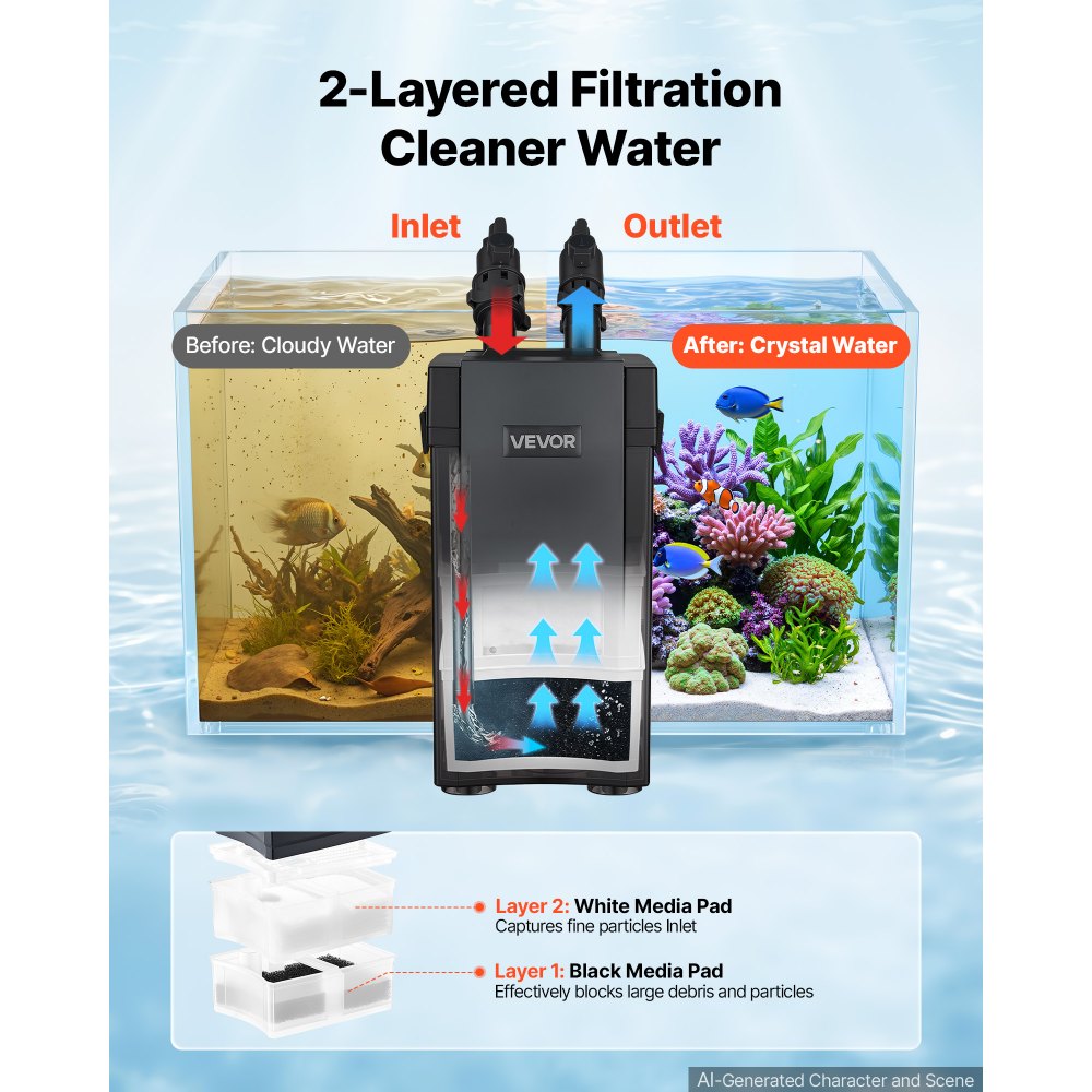 VEVOR Aquarium Außenfilter Max. 1000 L/h 2-Stufiger Aquarienfilter IPX4, Außenfilteranlage zur Zirkulation & Reinigung für Aquarien & Fischbecken, Durchfluss Einstellbar, 208-284L, 5x Auslaufschutz