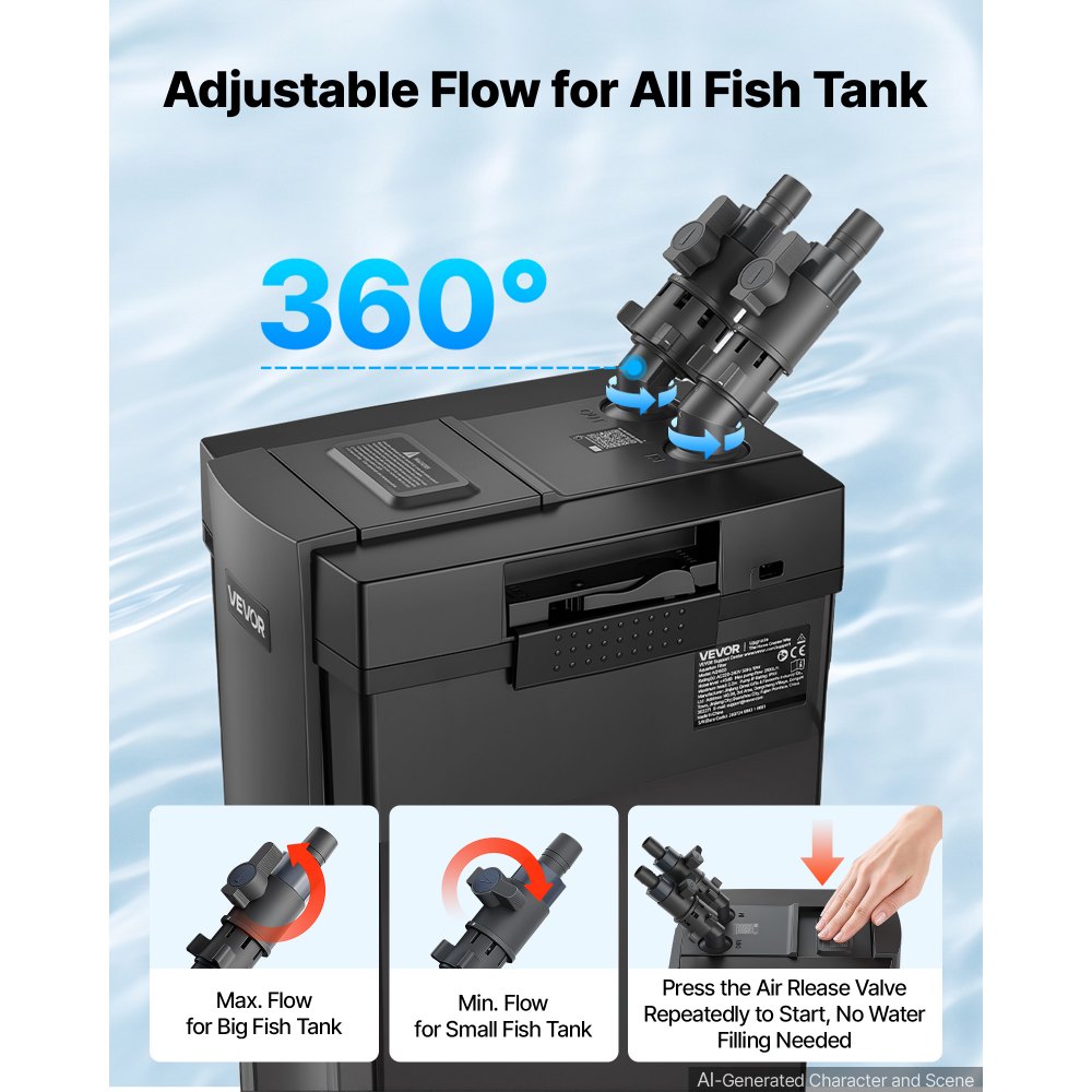 VEVOR Aquarium Außenfilter Max. 1200 L/h 3-Stufiger Aquarienfilter IPX4, Außenfilteranlage zur Zirkulation & Reinigung für Aquarien Fischbecken, Durchfluss Einstellbar, 284-378,5L, 5x Auslaufschutz